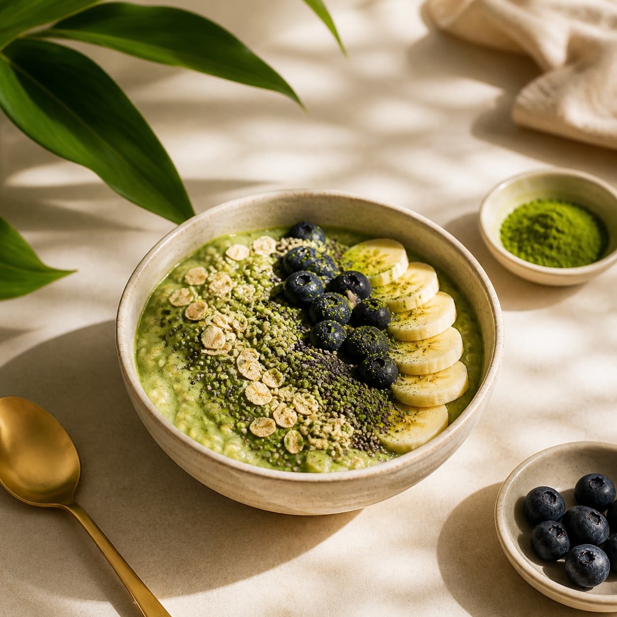 Horké matcha latte v keramickém hrnku na světlém stole