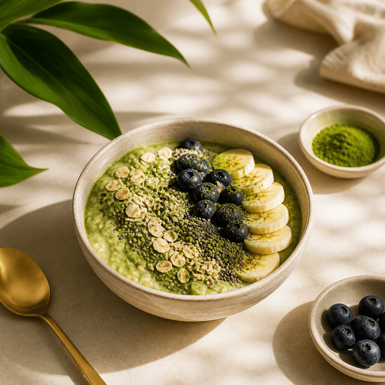Horké matcha latte v keramickém hrnku na světlém stole