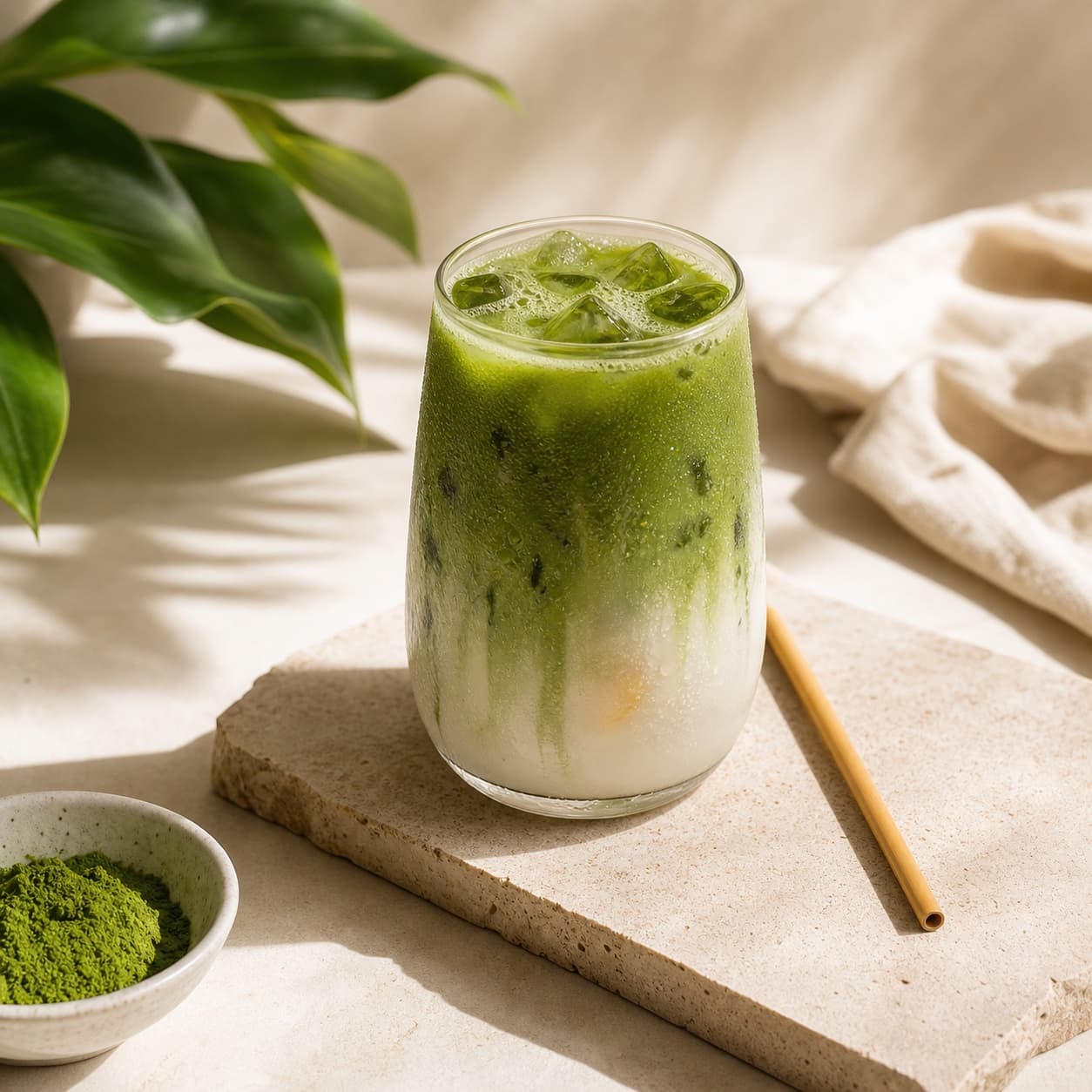 Iced matcha latte ve vysoké sklenici s ledem na světlém kamenném podkladu