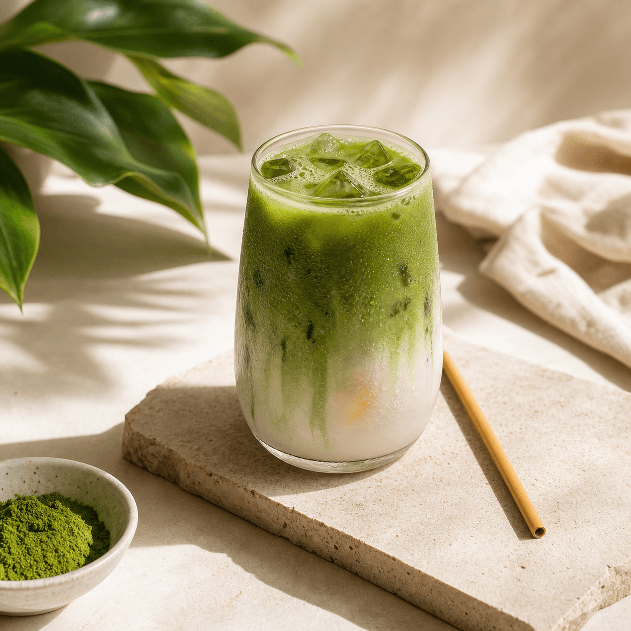 Iced matcha latte ve vysoké sklenici s ledem na světlém kamenném podkladu