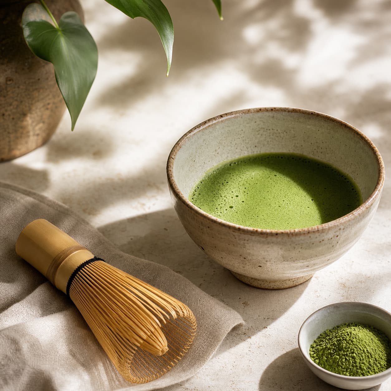 Matcha overnight oats miska s banánem a borůvkami na světlém stole