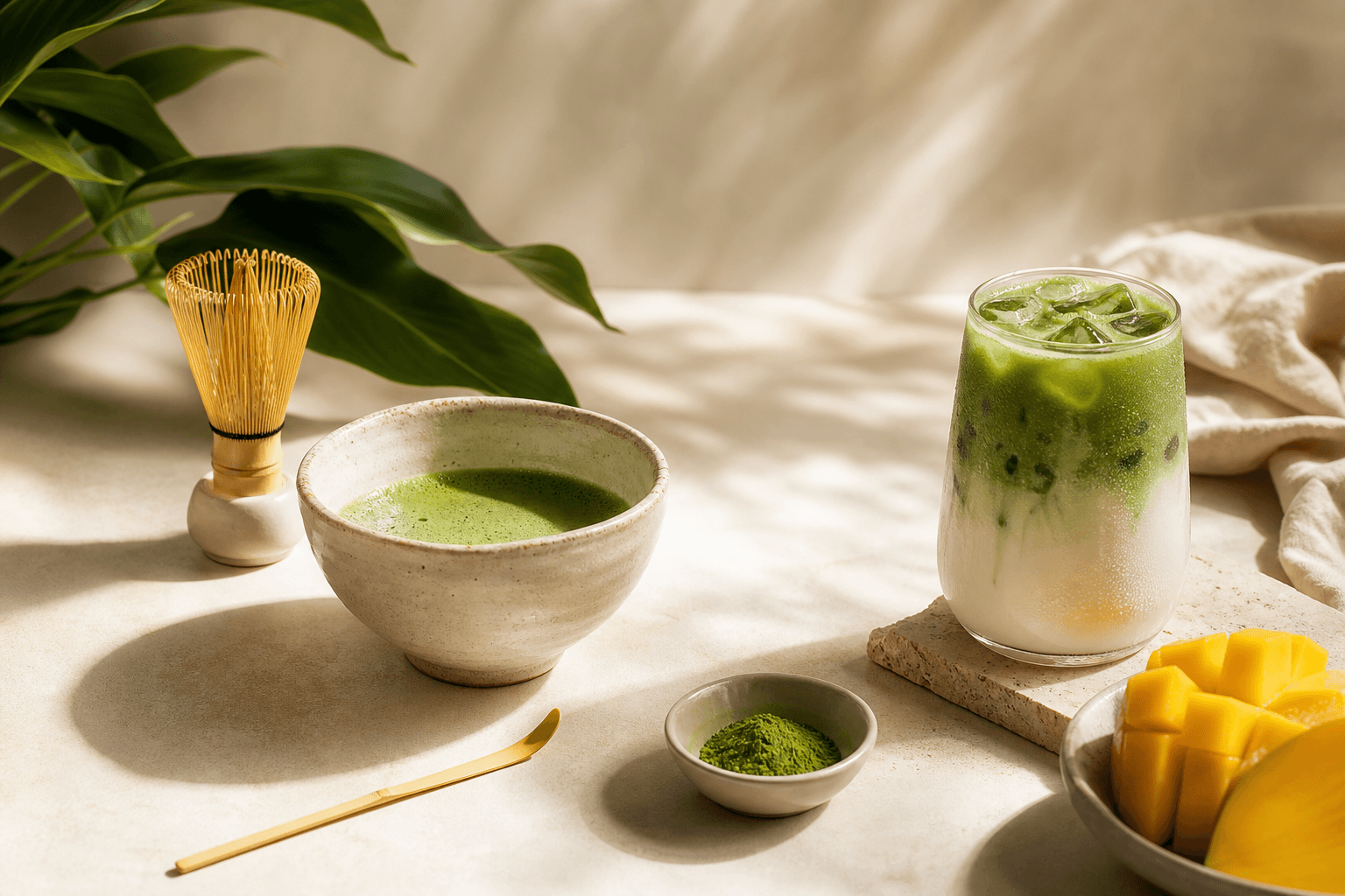 Matcha rituál s miskou, ledovou matchou a mangem na světlém stole