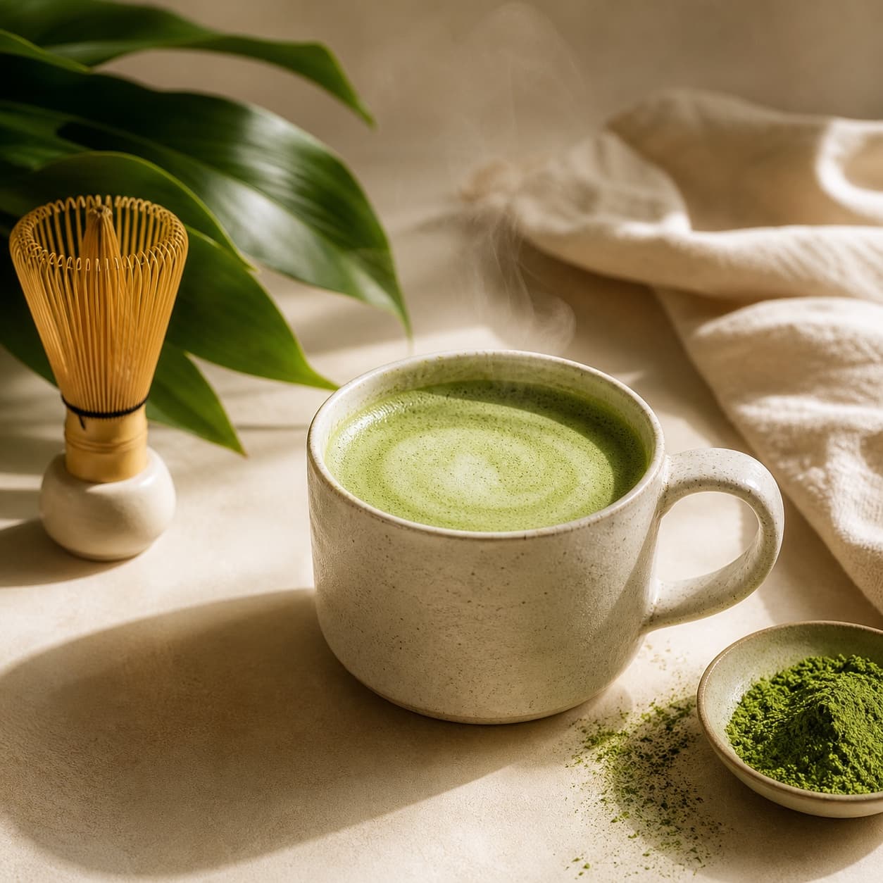 Tradiční matcha miska s bambusovou metličkou a práškem na světlém podkladu