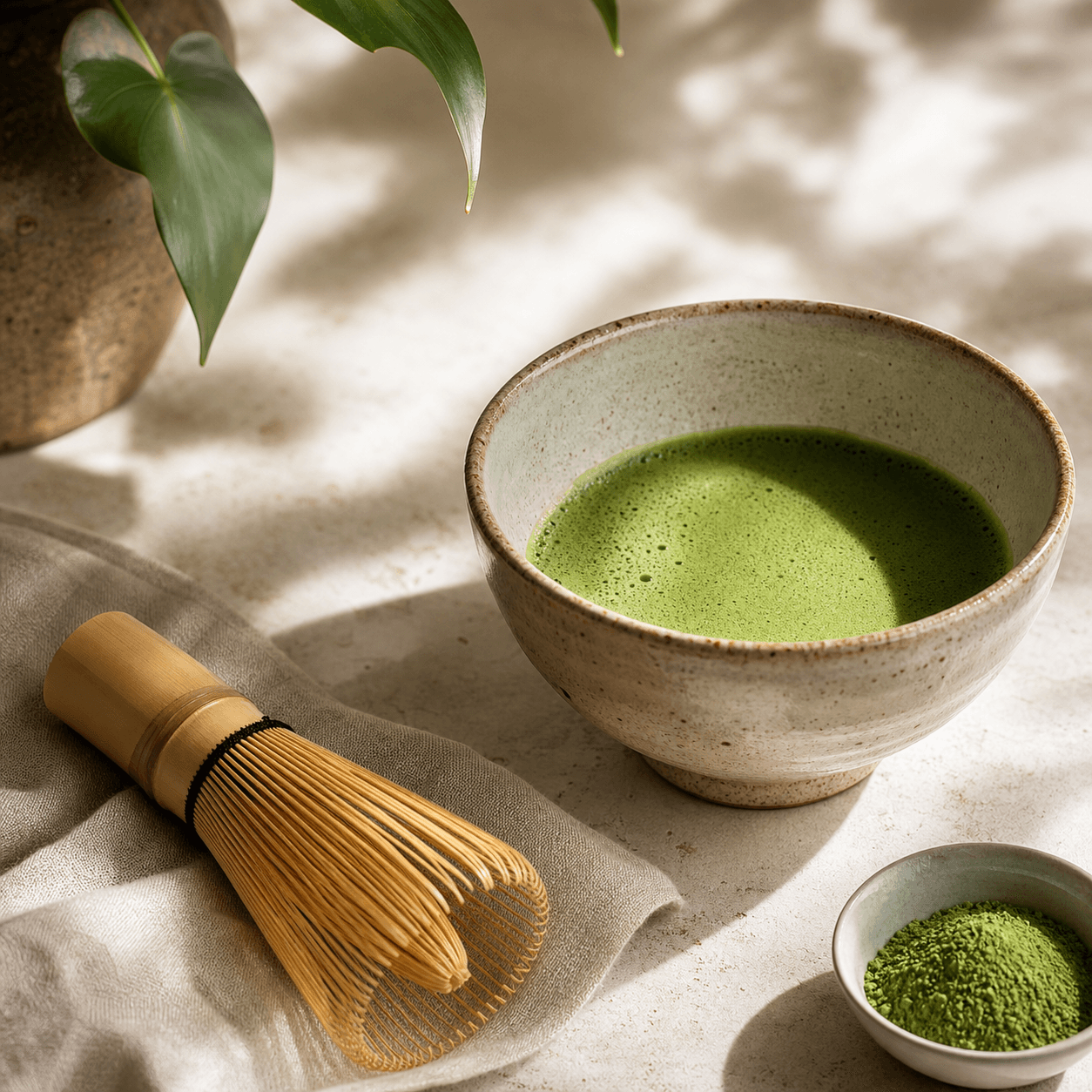 Matcha breakfast bowl se zeleným smoothie základem, banánem a borůvkami